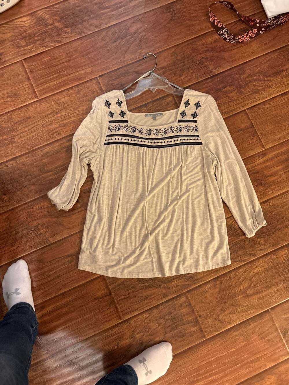 Daniel Rainn Tan Square Neck Embroidered Boho Peasant Blouse